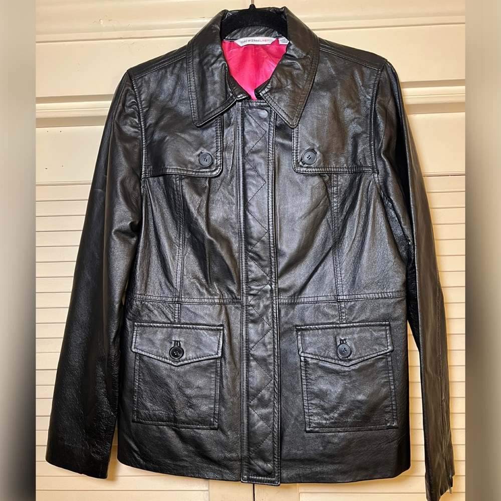 Isaac Mizrahi Live! Black Leather Coat Jacket, size medium Retro Indie Grunge